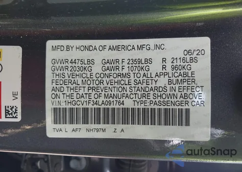 2020 Honda Accord Sport z USA, uszkodzony, nr VIN 1HGCV1F34LA091764